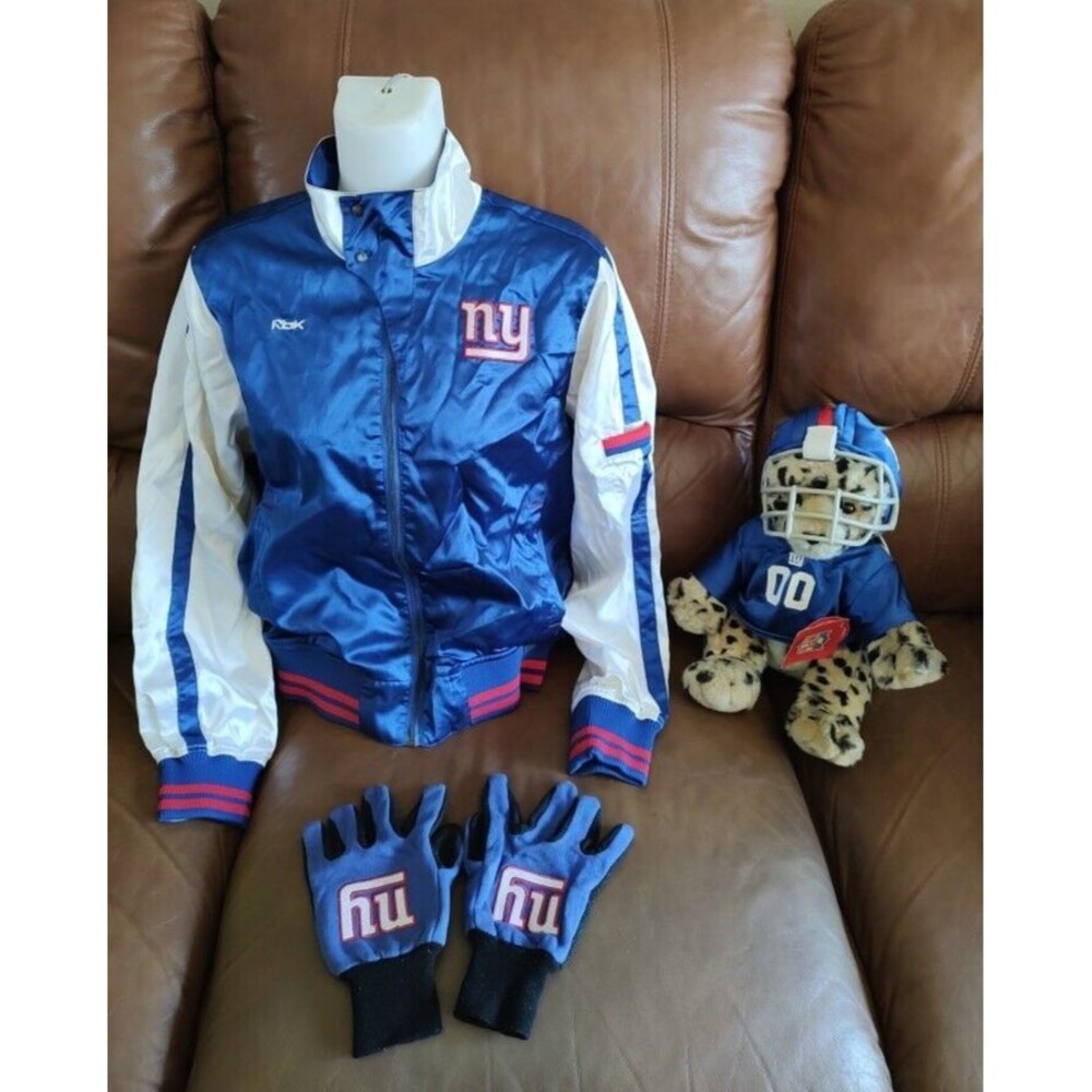 Vintage lot of 3 : Reebok NY Giants Jacket Sz M & WWF Cheetah & NY Sport Gloves